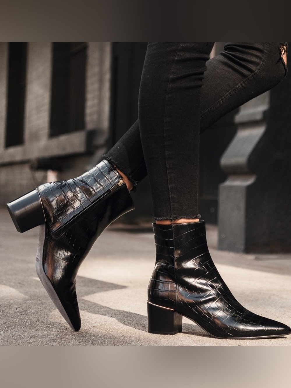 Thursday Boot Co Luna Croc Embossed Black Leather Pointy Toe Ankle Boots 11